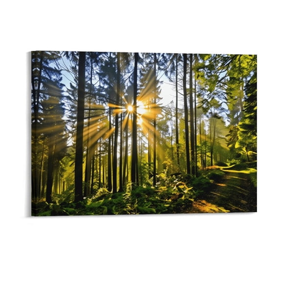 Potopok Sunrise Sunset Forest Nature Landscape Wall Art, Wood Framed Woods Mountain Canvas Painting With Frame, Home Decor For Living Room,16x12