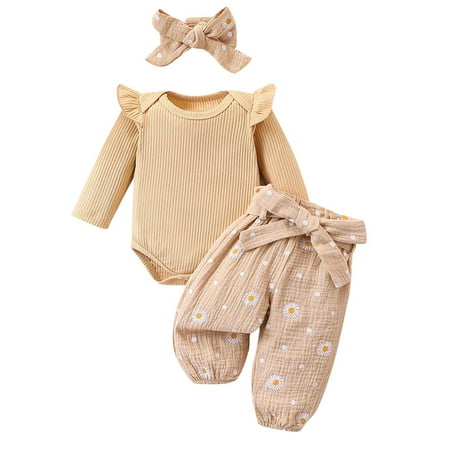 

Atogsazn Newborn Infant Girl Clothes Baby Rib Knit Romper Daisy Print Pants Headband Set Clothes for Girls B-Khaki 3-6 Months on Clearance