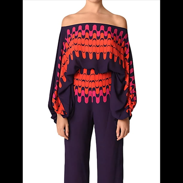 Conjunto de Dos Piezas Holgado de Otoño para Mujer, con Hombros Descubiertos, Estampado, Larga, Informal, para Salir, Pantalones Anchos Púrpura L