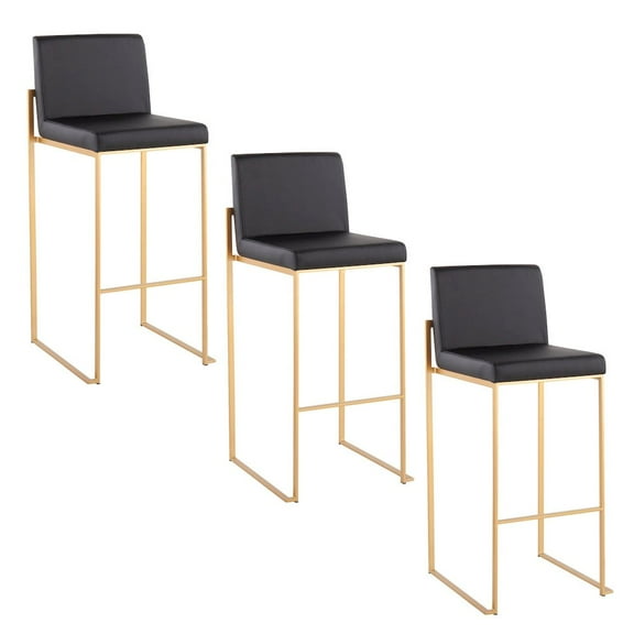 Fuji High Back Bar Stool Set of 3 Gold, Bar Chairs Set of 3, Gold Bar Stools, Bar Stools Set of 3 with Backs (Black Faux Leather)