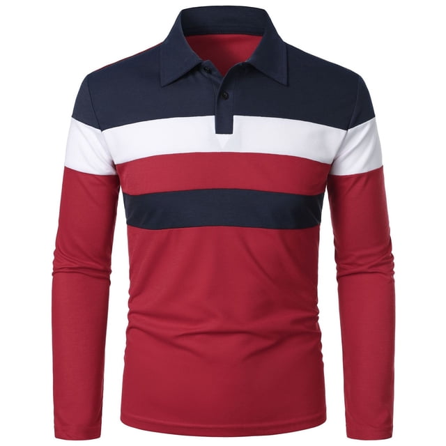 SOMOWI T Shirts for Men Patchwork Splicing Button Turn Down Long Sleeve Red Fall Tops Trendy XL