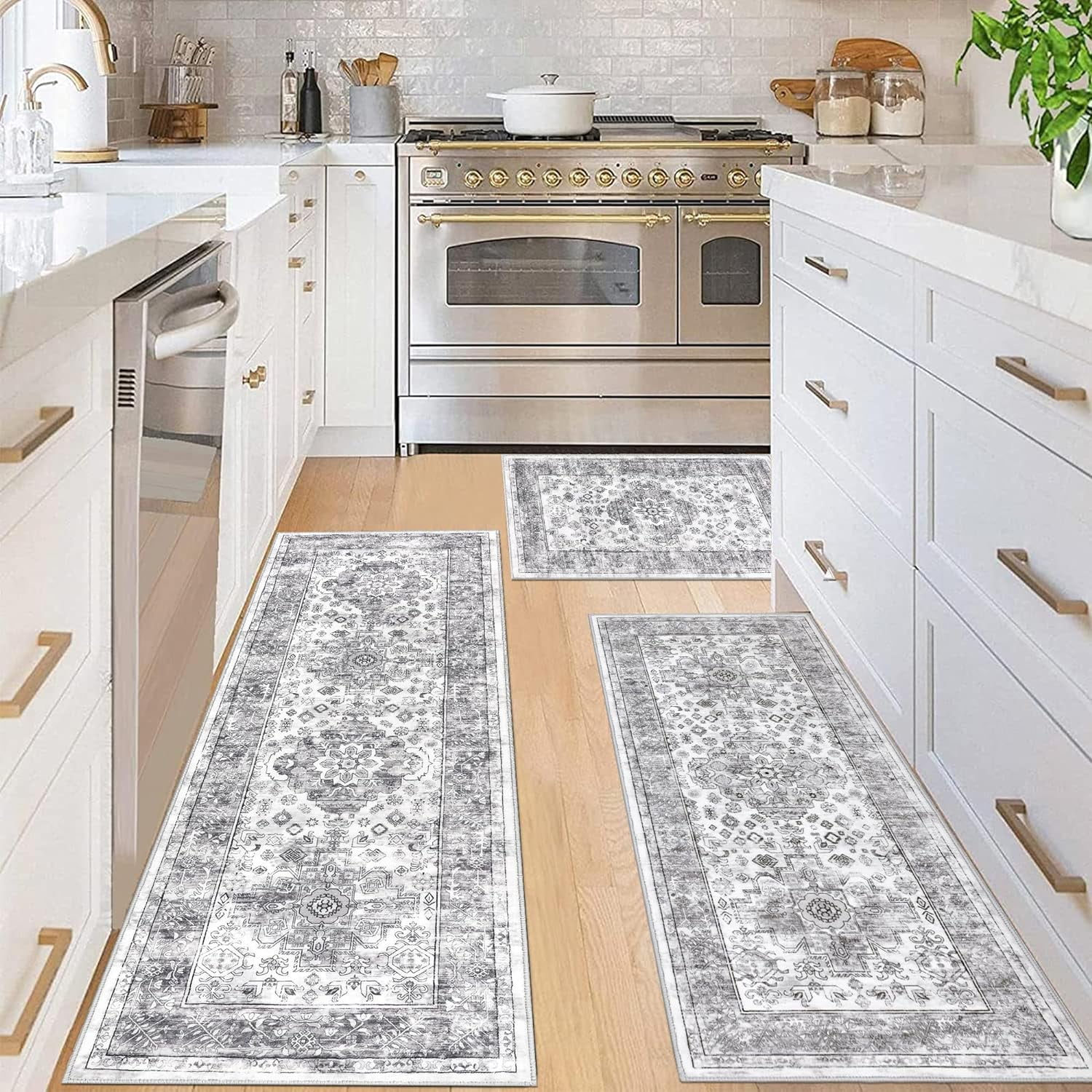 Kitchen Rug and Mat, Yamaziot Kitchen Runners Rugs Set of 3, Washable Non Slip Farmhouse Hallway Laundry Room Mat for Floor, Comfort Vinatge Boho Carpet