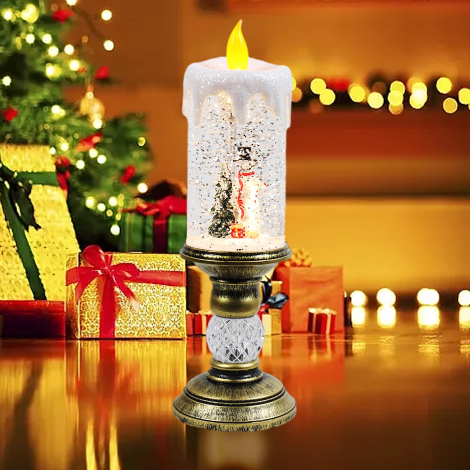 Dengmore Christmas Ornament Resin Luminous Santa Snowman Imitation Candle Light with Music Box LED Flameless Flickering Candle Lights Retro Night Light for Living Bedroom Xmas Decor