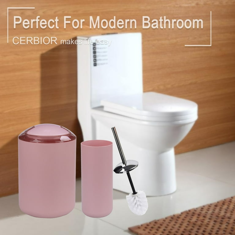 Bathroom Accessories Set 6 Pcs Bathroom Set Ensemble Complete Dispenser Toothbrush Holder Soap Dish Toilet Cleaning Brush Trash Can, Pink -