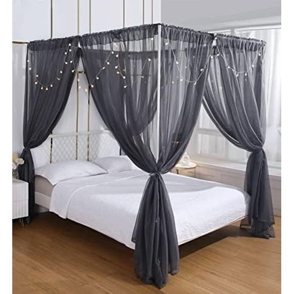 Canopy Bed Curtains Bed Canopy for Girls Room Elegant Sheer Curtain for Twin Full Queen Size Bed Drapes,8 Panels Canopies with Light,Room Décor(Full/Queen, Gray Canopy)