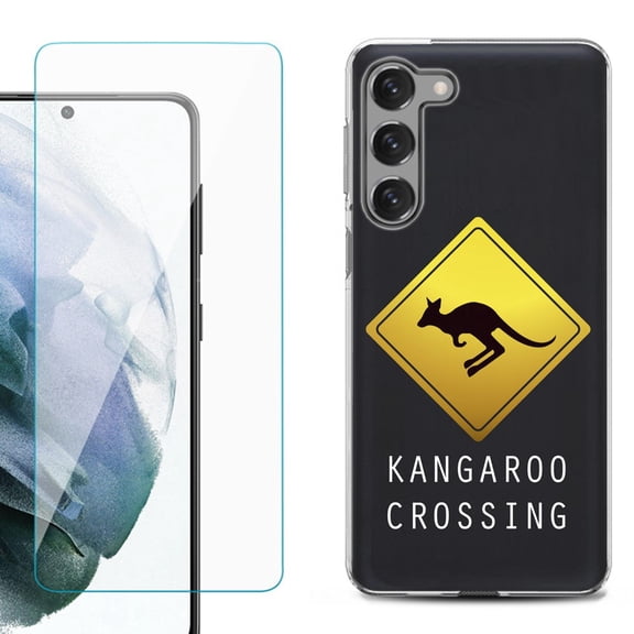 Shockproof Fashion Phone Case for Samsung Galaxy S23  / S23 Plus 5G, with Tempered Glass Screen Protector, by OneToughShield ® - Road Sign Kangaroo