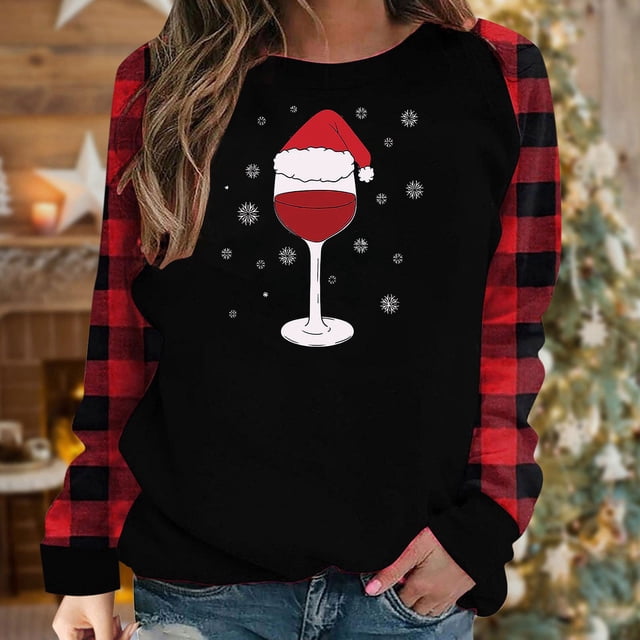 Ventes de Liquidation! Aqestyerly Hauts de Noël à Manches Longues pour Femmes Mode T-Shirt Décontracté à Col Rond Imprimé Blouse