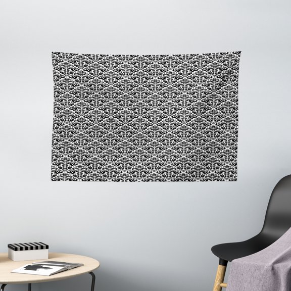 Damask Tapestry, Monochrome Floral Arrangement with Middle Eastern Motifs Asian Design Element Image, Wall Hanging for Bedroom Living Room Dorm Decor, 60W X 40L Inches, Black White, by Ambesonne