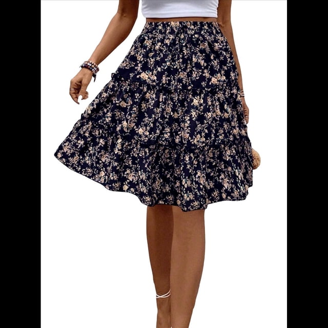 Falda de Mujer con Estampado Floral, Dobladillo con Volantes, Cintura Alta Elástica y Lazo Frontal. Negro S