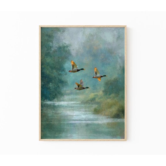 Mallard Ducks Flying Over Lake Vintage Pastel Nature Art V3, Stretched Canvas