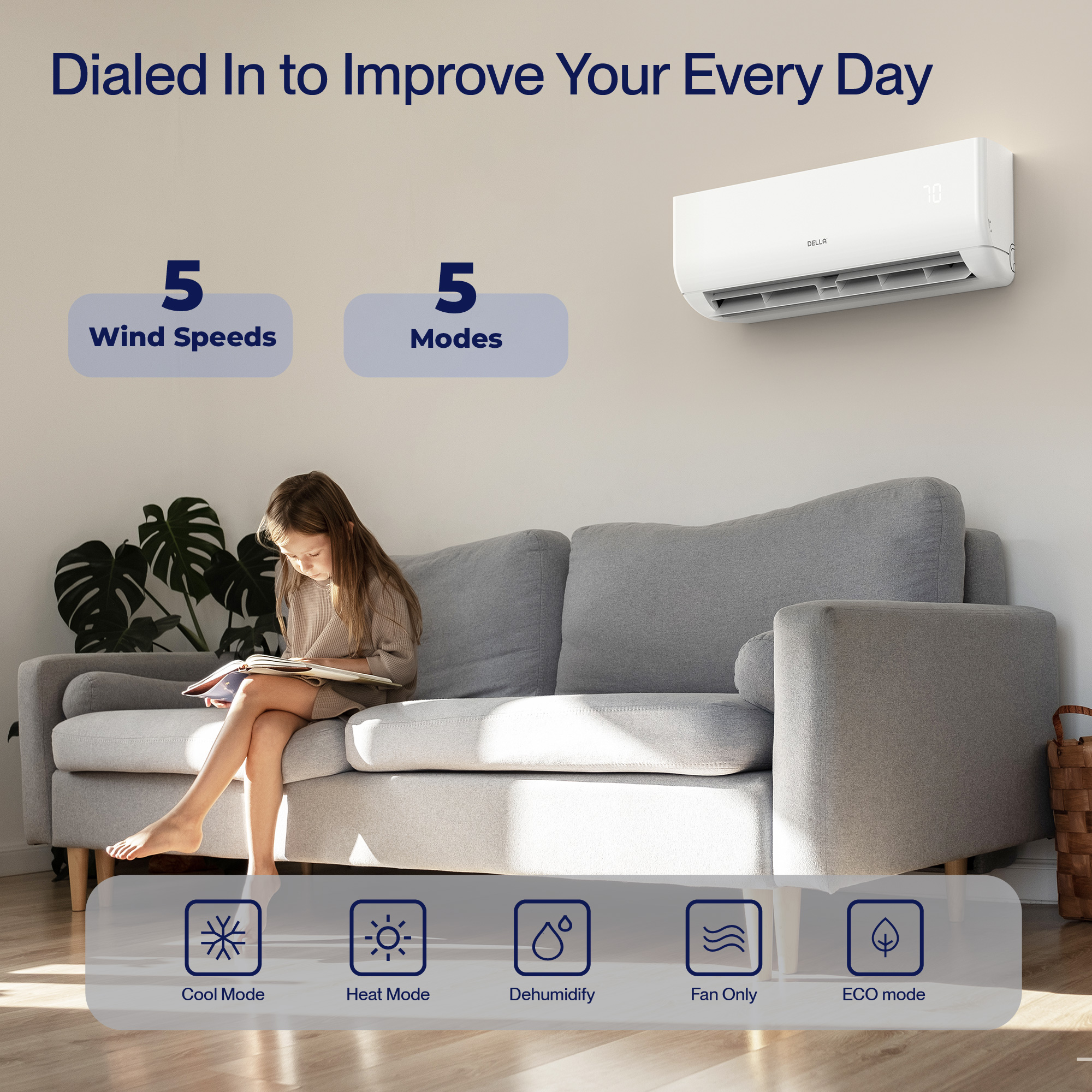 DELLA 9000 BTU Wifi Enabled Mini Split 19 SEER2 Cools Up to 450 Sq.Ft, 115V, Works with Alexa, Air Conditioner & Heater with Pre-Charged Heat Pump (R32 Refrigerant) (JA Series)