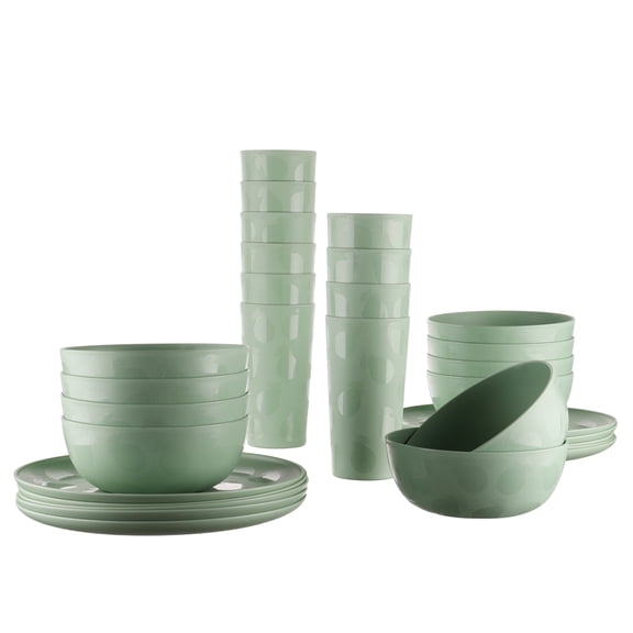 Mainstays 30-Piece Plastic Etched Pears Pattern Dinnerware Bundle Set, Green