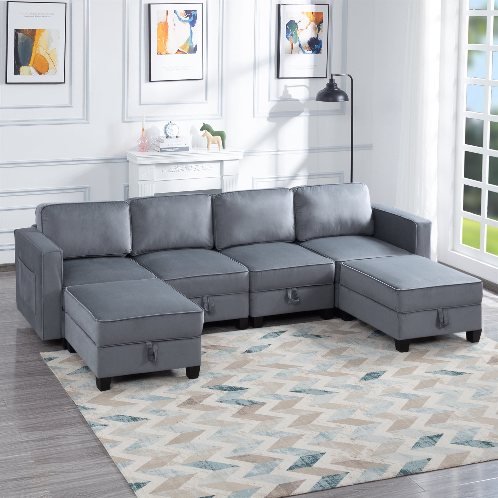 Aukfa 116" Velvet Storage Sectional Couch for Living Room, Modular Sleeper Sofa U-Shaped Sofa, Gray