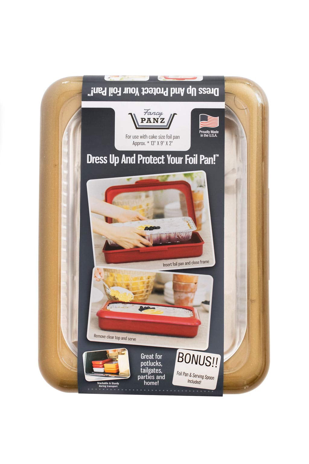 Fancy Panz Premium Dress Up & Protect Your Foil Pan, Made in USA. Hot/Cold  Gel Pack, One Half Sized Foil Pan & Serving Spoon Included. Stackable for