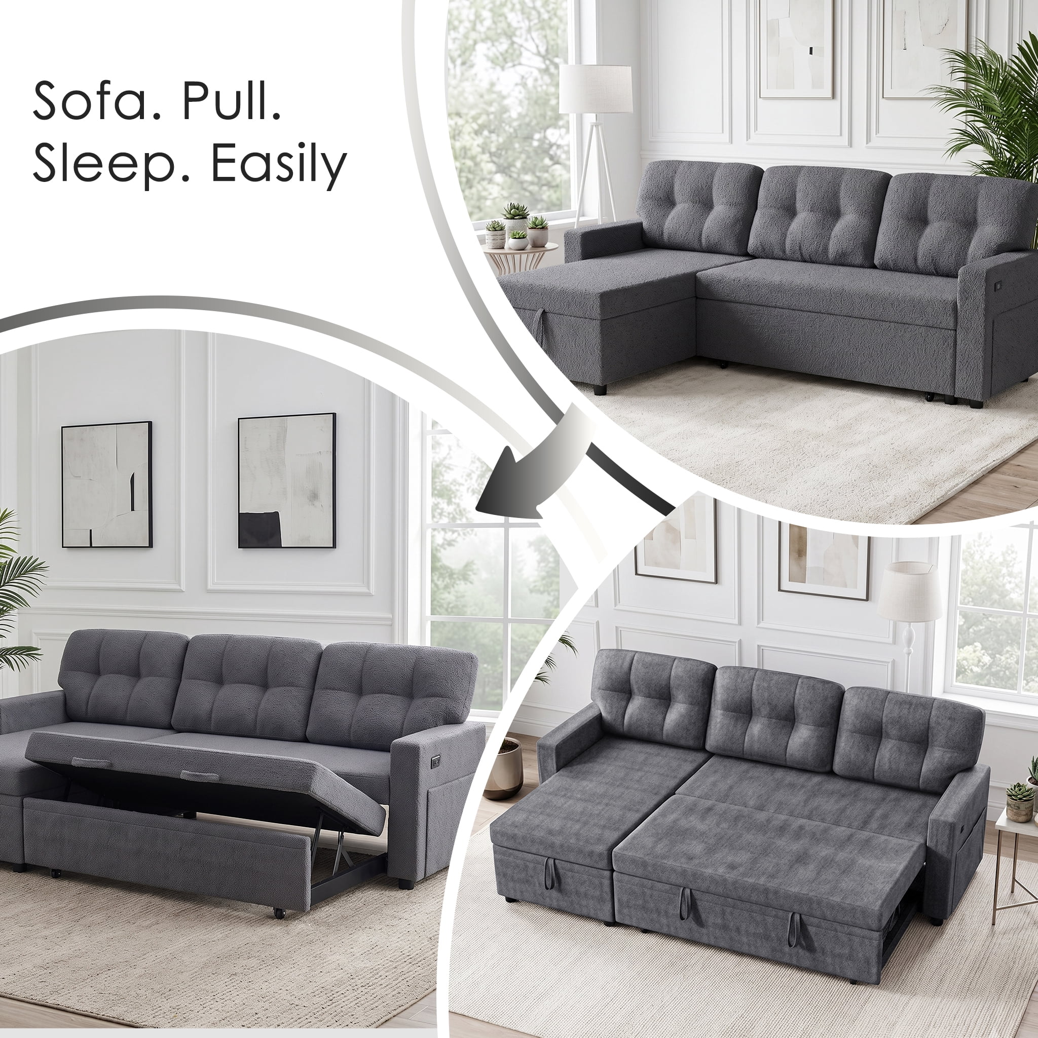 Xiweot Convertible Sleeper Sofa Bed, 82" L Shaped Sectional Couch with Pull Out Bed, Storage Chaise & Reversible Lounge, Teddy Fabric Compact Sectional Sofa for Living Room Apartment (Dark Grey)