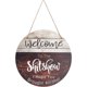 thumbnail image 1 of Letrero de bienvenida para puerta de entrada. Bienvenido a The Shitshow. Placa colgante redonda plana de madera retro. Arte de pared rústico natural., 1 of 8