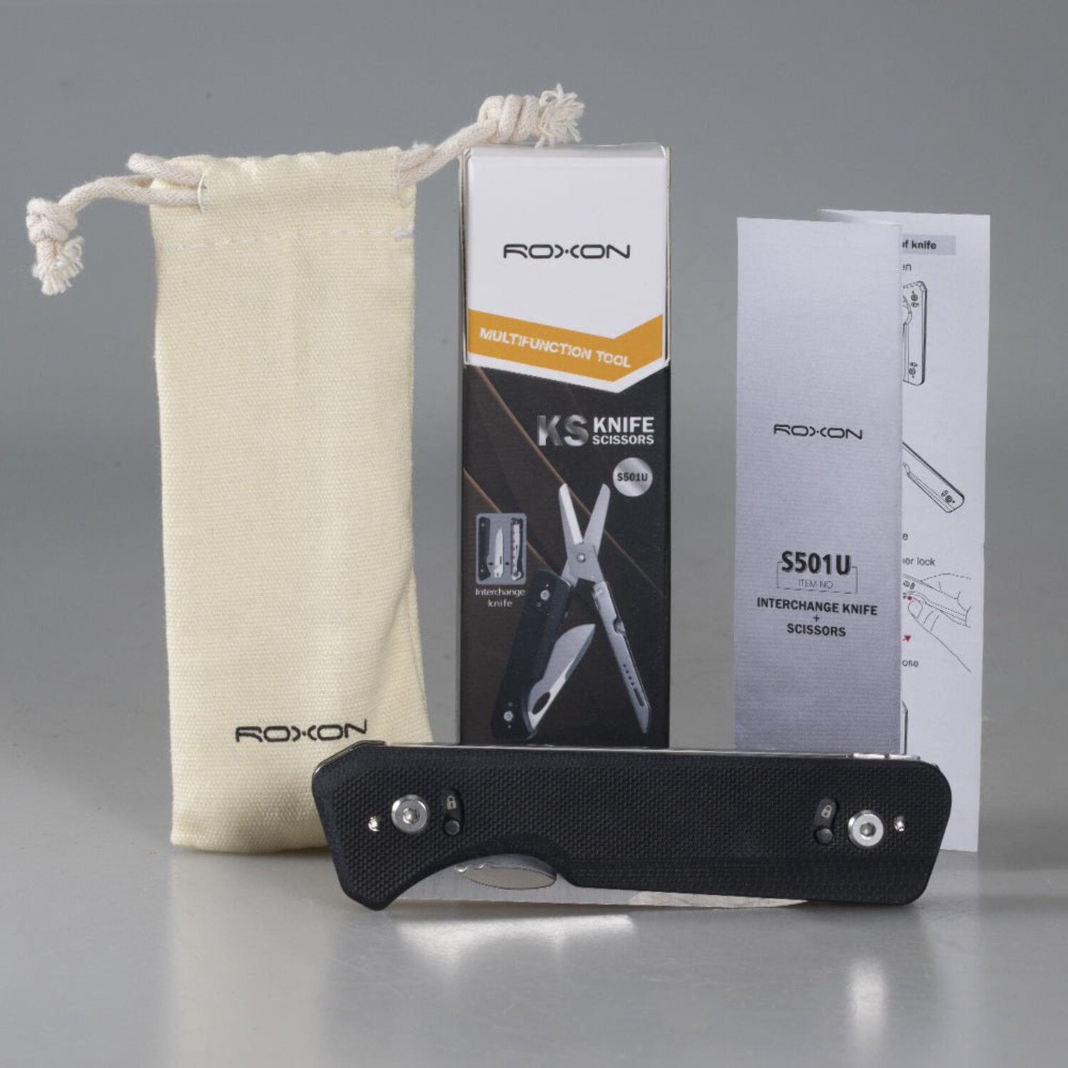 ROXON S501U Utility Knife - 17 Interchangeable Blades, Full-Size Scissors, G10 Handle