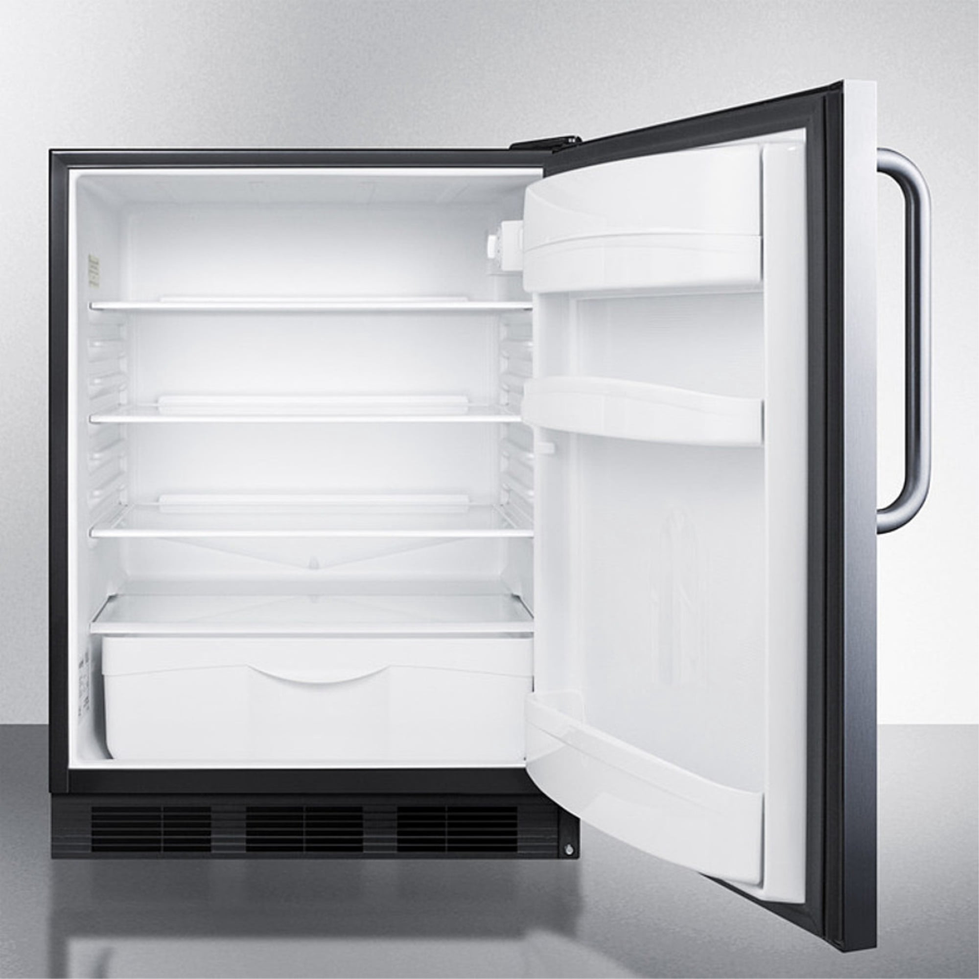 ADA compliant commercial all-refrigerator for built-in general purpose use, auto defrost w/stainless steel wrapped door, towel bar handle, and black cabinet