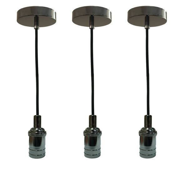 Royal Designs Vintage-Style Gun Metal Gray Keyless Pendant Light Socket and Canopy with Black Rayon Fabric Cord, Set of 3