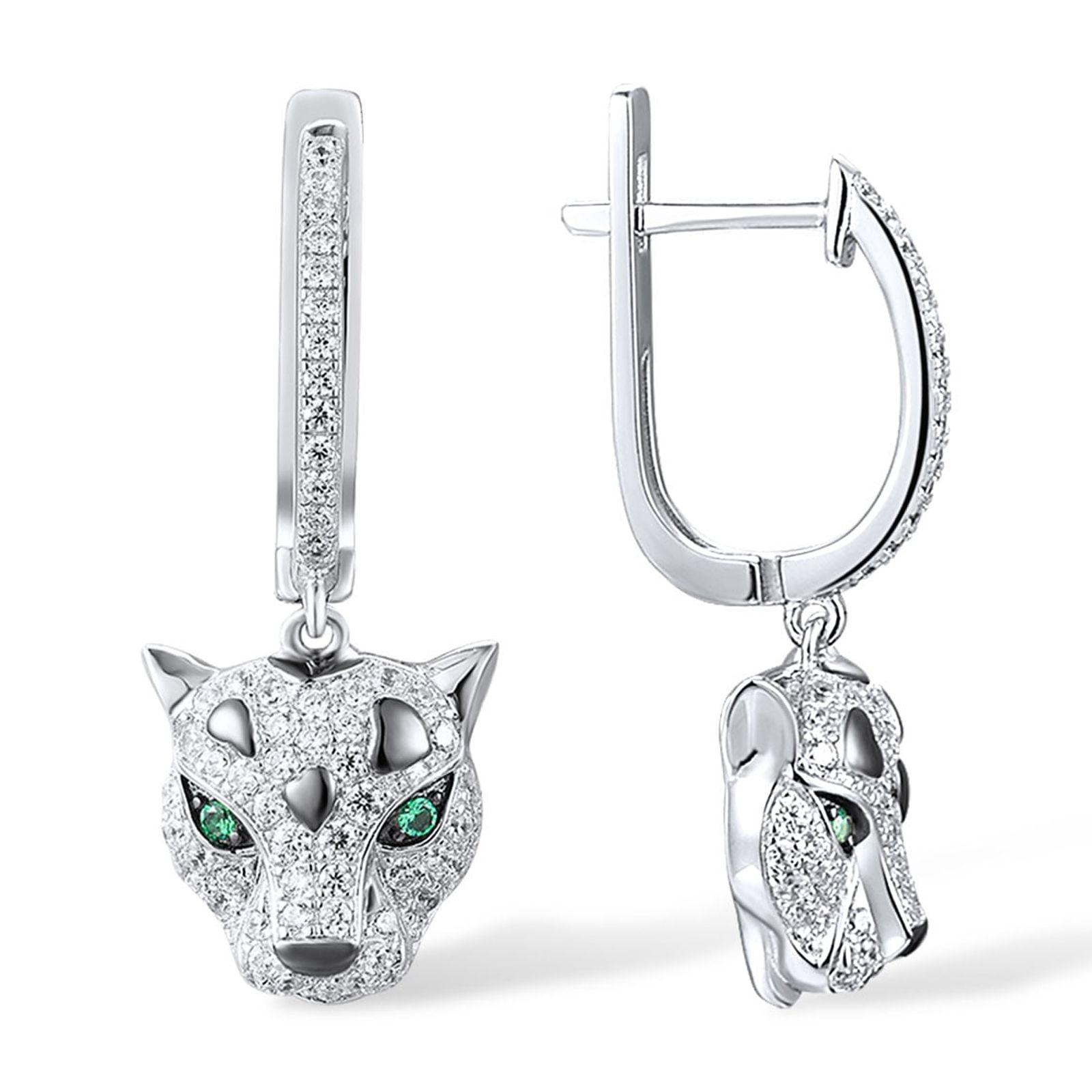 Santuzza 925 Sterling Silver Panther Earrings Green Spinel Cubic Zirconia Leopard Dangle Earrings for Women