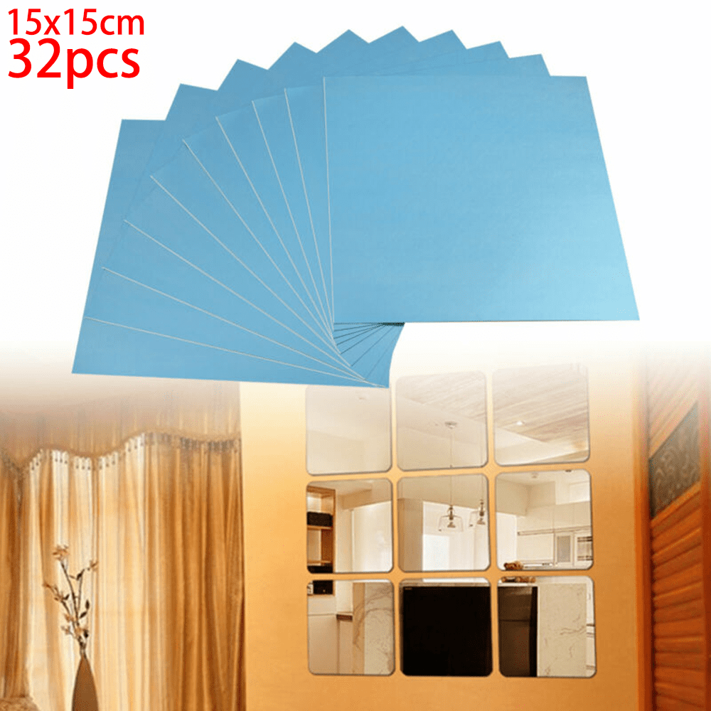 Mirror Tiles Self Adhesive Bathroom Wall Stickers,Mosaic,Square,32 Pcs