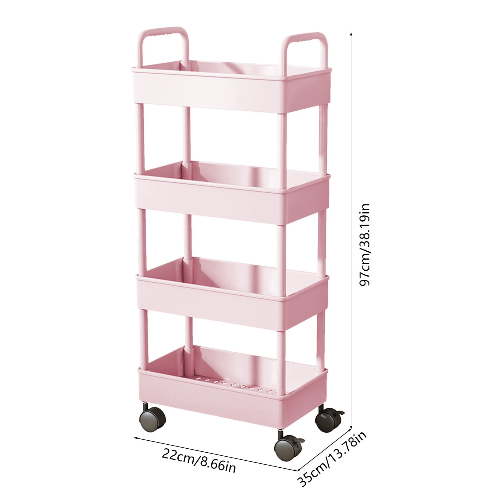 SIYTUAU Pink 4-Tier Kitchen Storage Cart With Armrests And Wheels For Bathroom Toiletries Organizer 13.8 X 8.7 X 38.2 Inch Pink Color Plastic Material For Home Use Pink