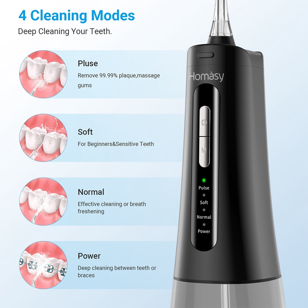 Homsay Cordless Water Flosser, Portable Dental Teeth Cleaner, 300ML Tank USB Rechargeable Dental Oral Irrigator for Home and Travel, 4 Modes , IPX7 Waterproof, Easy-to-Clean（Black）
