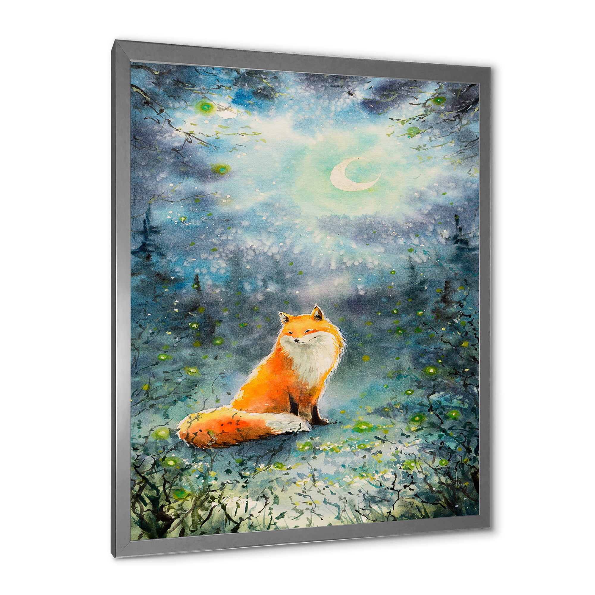 Designart 'Fox Over A Night Sky With Moon' Children's Art Framed Art Print