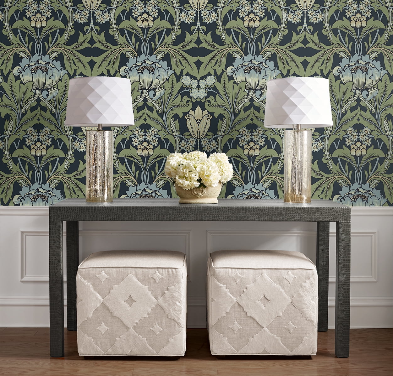 Seabrook Designs Midnight Blue & Sage Primrose Garden Floral Prepasted Wallpaper - 20.9 in. W x 33 ft. Roll