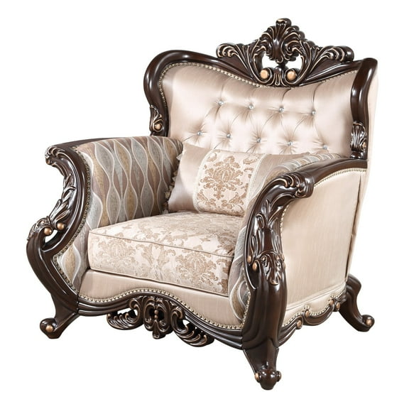 Cona 39 Inch Accent Chair- Gold Carved Details- Brown- Button Tufted Beige