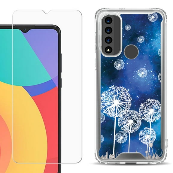 Shockproof Bumper Phone Case for TCL 20 XE, with Tempered Glass Screen Protector, by OneToughShield ® - Dandelion Stars