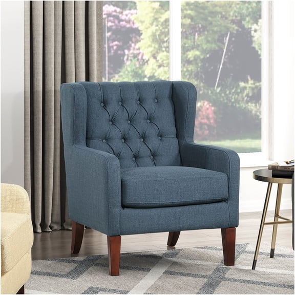 JERFIT Modern Wingback Accent Chair, Blue Button Tufted Upholstered Armchair with Solid Wood Legs for Living Room, Bedroom