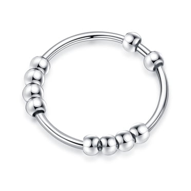 Turandoss S925 Sterling Silver Spinner Ring for Women 18K White Gold Plated Fidget Anxiety Stress Relieving Beads Unisex Jewelry Gifts for Women Men