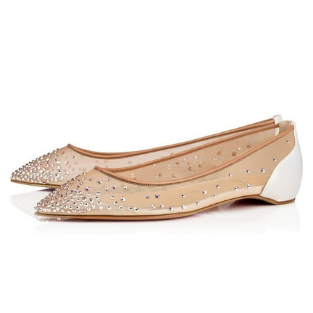 

XYD Women Rhinestones Studded Mesh Pointy Closed Toe Ballet Flats Slip On Dress Bride Shoes Size 15 Nude White