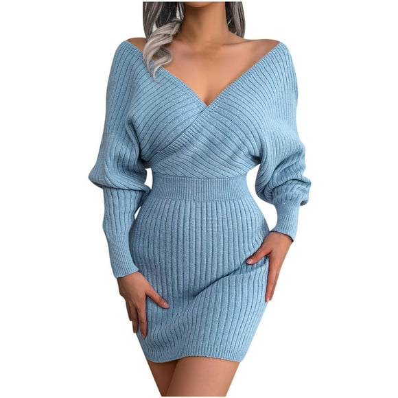 cfhntfmh Women's Sweater Dress Sexy V Neck Long Sleeve Fall Dress Solid Color Wrap Knitted Bodycon Mini Dresses