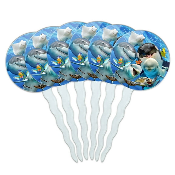 Ocean Selfie Shark Dolphin Sea Turtle Stingray Clown Fish Cupcake Picks Toppers Decoration Set of 6
