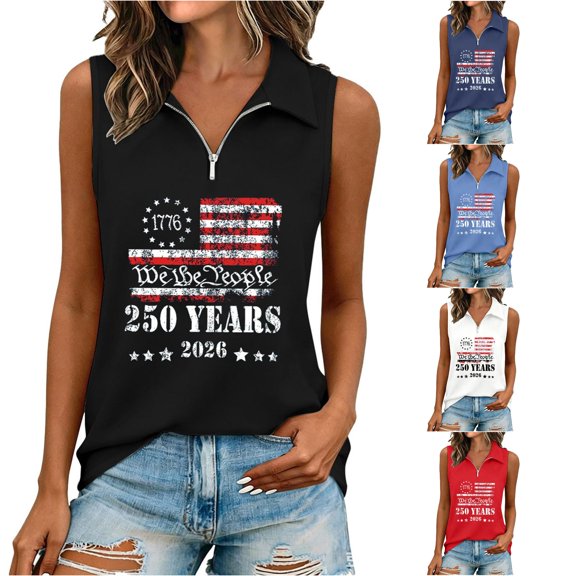 Trendfront Womens Patriotic Quarter Zip Tops Sleeveless Collared We The People Graphic American Flag 4th Of July 250th Anniversary Golf Shirt