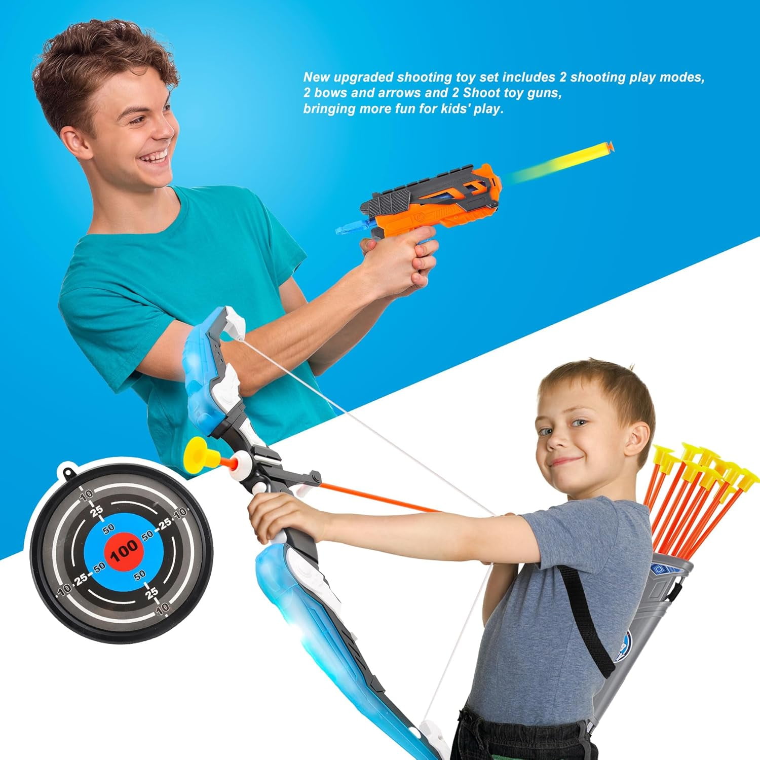 LED Light Up Archery Toy Bow & Arrow s/Suction Cup Arrows Toys Blue, Green & 2 Dart Shooters