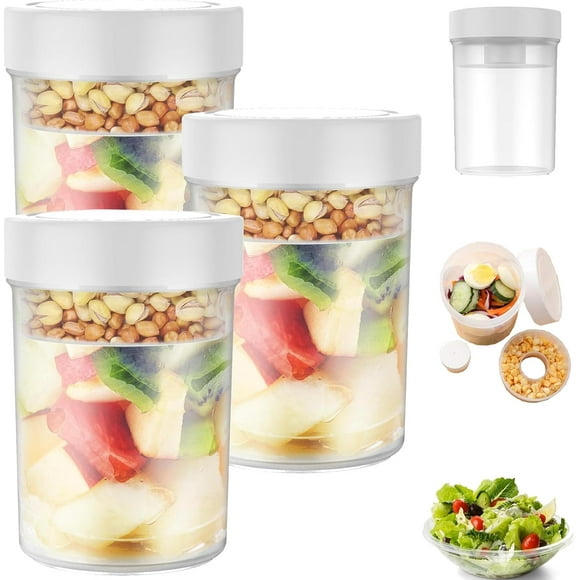 Pots à Salade Étanches - Contenants de Séparation Humide/sec, Pots Mason en Verre avec Tasse à Vinaigrette, Contenants Hermétiques pour Préparation de Repas pour Gruau du Lendemain, Parfaits au Yogourt et Salades de Déjeuner (3 Pcs)