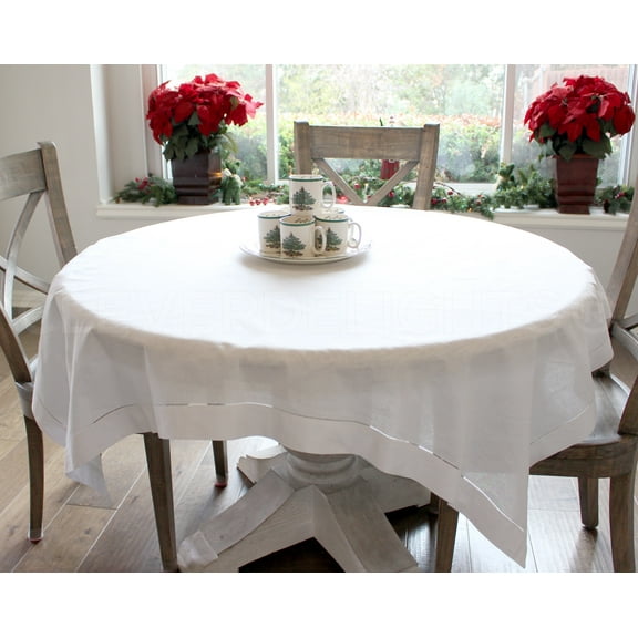 CleverDelights White Hemstitch Square Tablecloth - 60 x 60 Inch - 55% Linen / 45% Cotton Blend