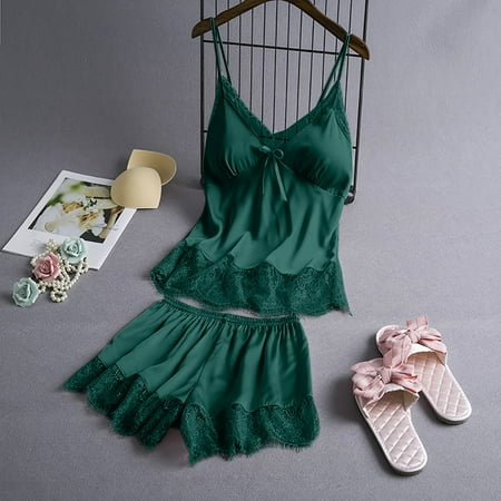

Lingerie Dress For Women V-Neck Eyelash Silk Lace Sexy Stain Camisole Pajamas Bowknot Shorts Set