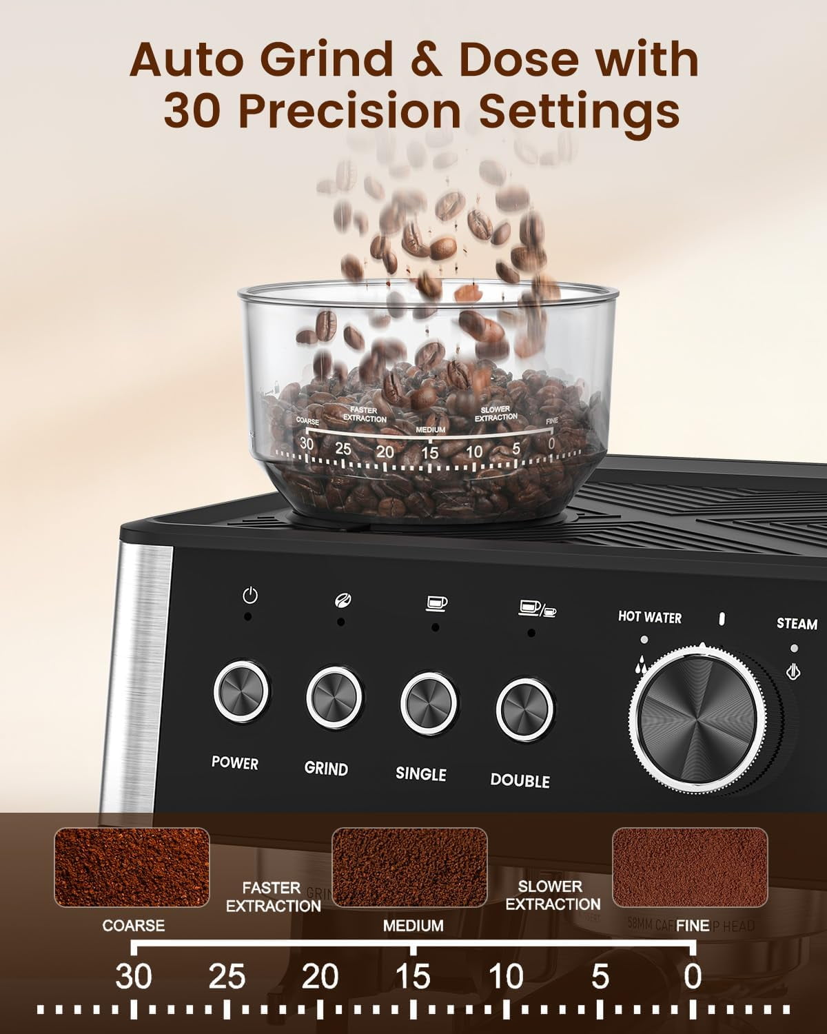 FREE VILLAGE Coffee Maker with Grinder, 20 Bar Expresso Coffee Machines with Milk Frother Steam Wand,Professional Espresso Maker with Removable Water Tank,Cappuccino & Latte Machine for Home