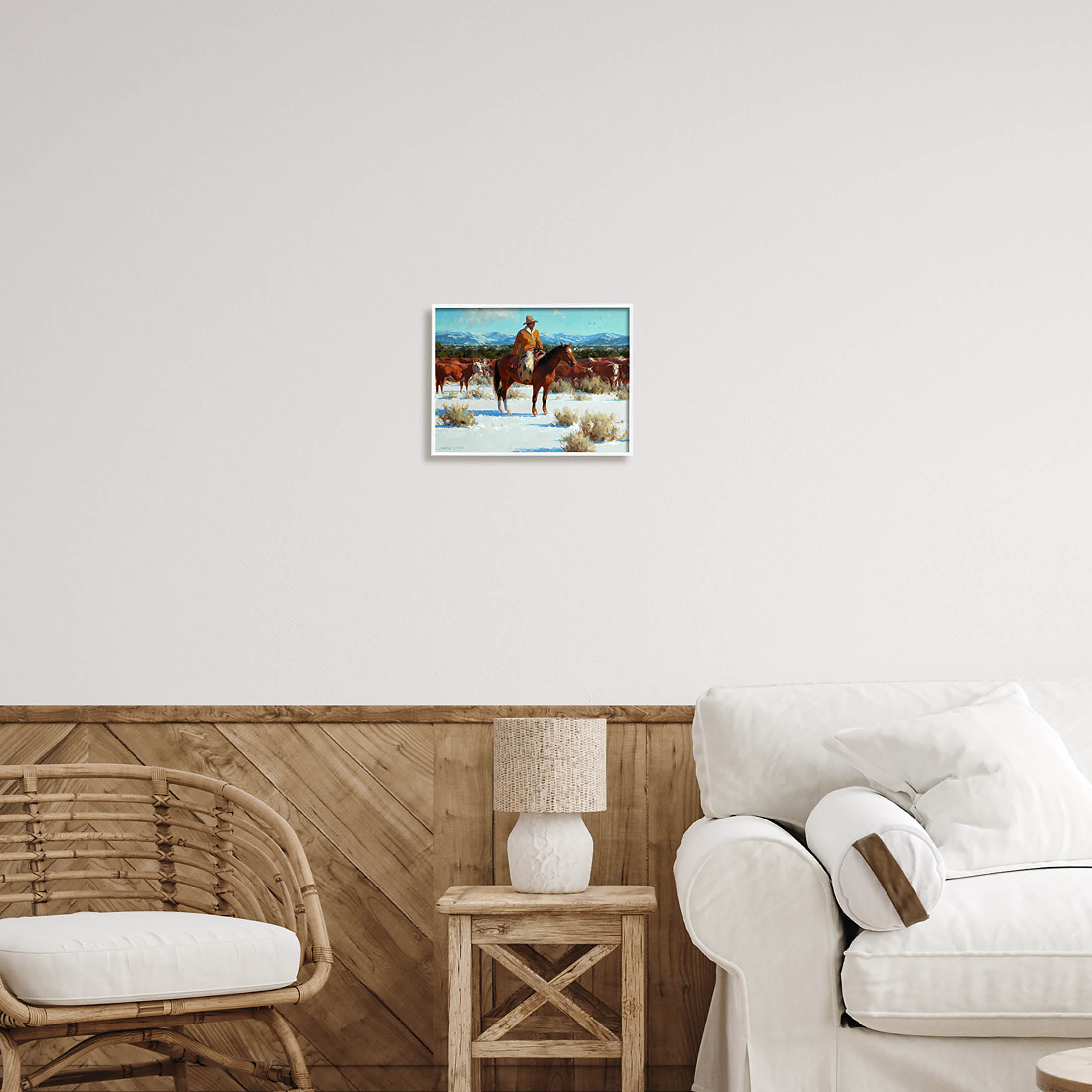 Winter Cowboy Cattle Landscape Animals & Insects Painting White Framed Art Print Wall Art