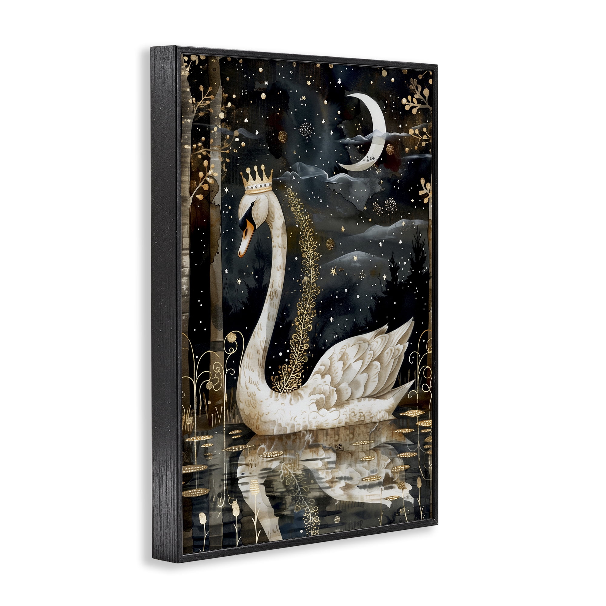 Stupell Industries Regal Swan Moonlight Animals & Insects Painting Black Framed Art Print Wall Art, 12 x 18