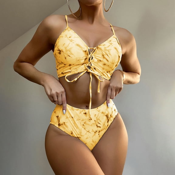 QLEICOM Women's Swimsuits High Waisted Tummy Control Swimwear Fashion One-piece Swimsuit Waistless Printing Halter Lace Sexy Bikini Women Bikinis Swimming Suits Cover Ups Bathing Suits Yellow XL