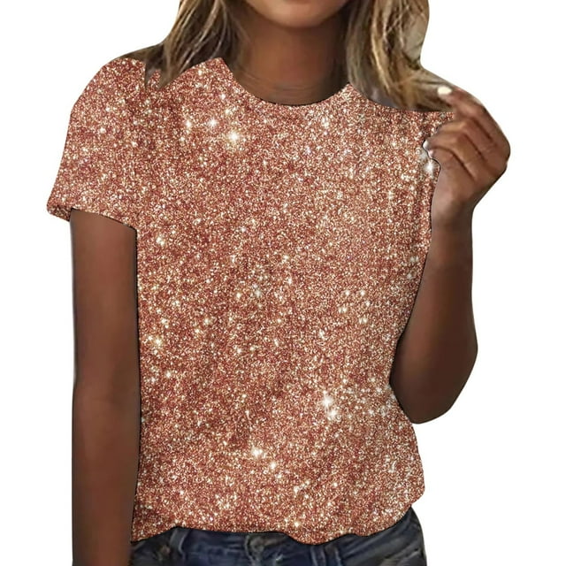 Timegard Hauts à Sequins pour Femmes Manches Courtes Col Rond T-Shirts Mode Décontractée Blouses Couleur Unie