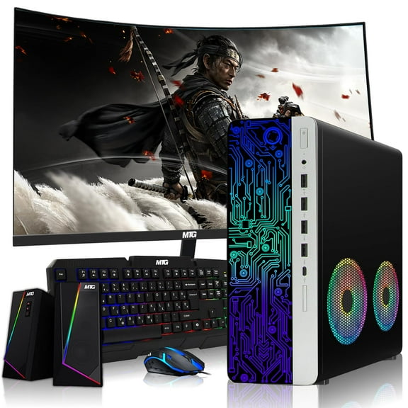 Restored HP G4 Desktop Computer PC AMD Pro A10-9700 R7,8GB RAM,256GB SSD,27 Inch Curved Monitor,RGB Speaker,RGB Keyboard with AI-Enabled Copilot Key,Mouse,2X ARGB Fan WiFi,Windows 11 Pro