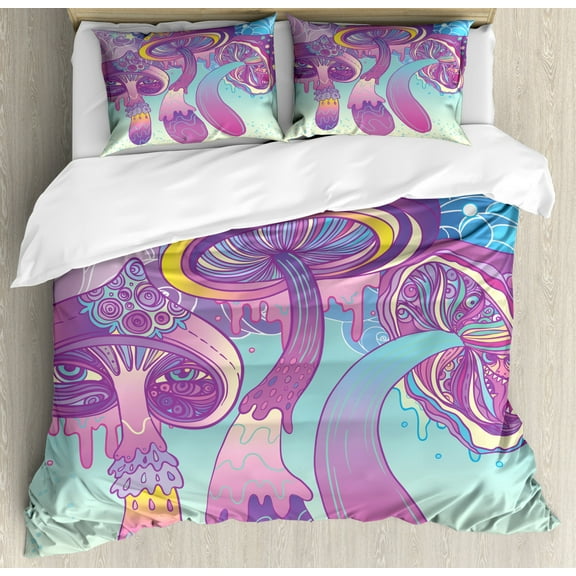 Crazy Art Duvet Cover Set King Size, Interpretation of Cartoon Magic Mushrooms in a Modern Style Vivid Trippy Design, Decorative 3 Piece Bedding Set with 2 Pillow Shams, Multicolor, by Ambesonne