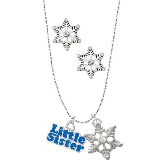 Delight Jewelry Royal Blue ''Little Sister'' with Heart Silver tone Snowflake Charm Necklace and Stud Earrings