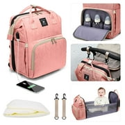 Leogreen 3 in 1 Diaper Bag Backpack, Multifunctional Waterproof Travel Nappy Bags with USB Charging Port, Thermal Pockets, Stroller Straps Pink